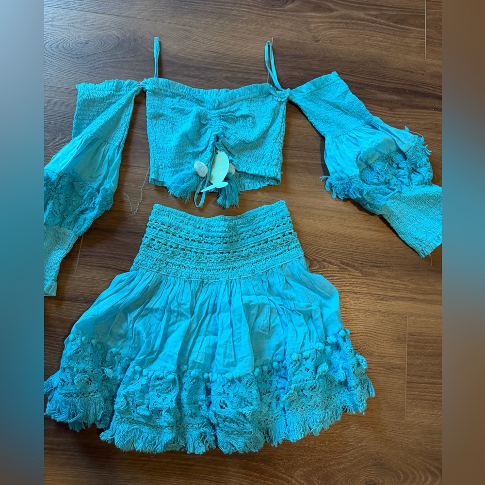 Turquoise Off-Shoulder Top and Skirt Set